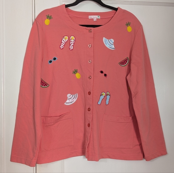 Palm Harbor Coral Beach Novelty Embroidered Cardigan PL (Petite L) Pockets - Picture 1 of 6
